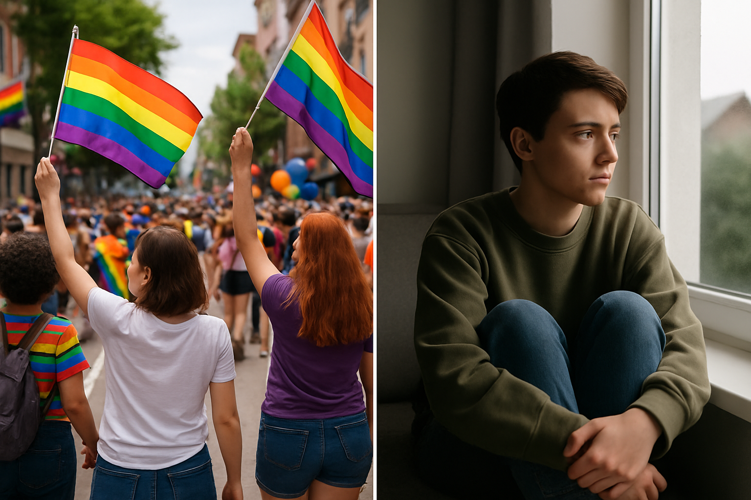 A split-scene photo — one side shows a colorful Pride parade, the other shows a person sitting quietly in reflection.