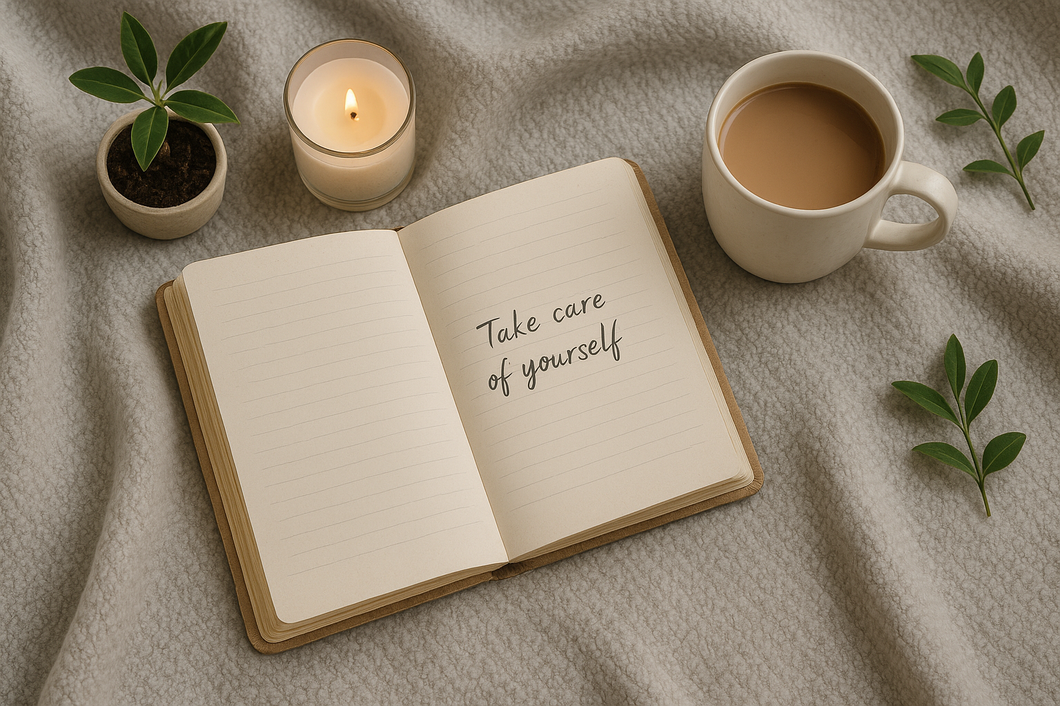 A cozy flat lay of a journal, a lit candle, and a warm drink on a blanket—symbolizing self-care and emotional work.
