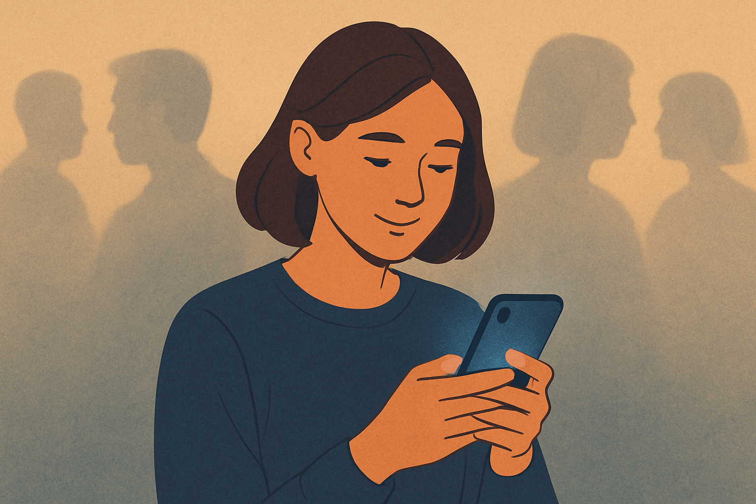 A person smiling slightly at their glowing phone while faded silhouettes of friends sit behind them, blurred and distant, symbolizing missed human connection.