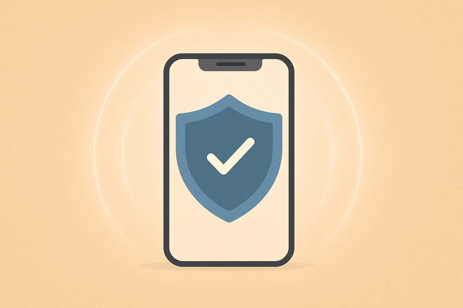 A shield icon surrounding a phone, with soft glowing lines suggesting safety.