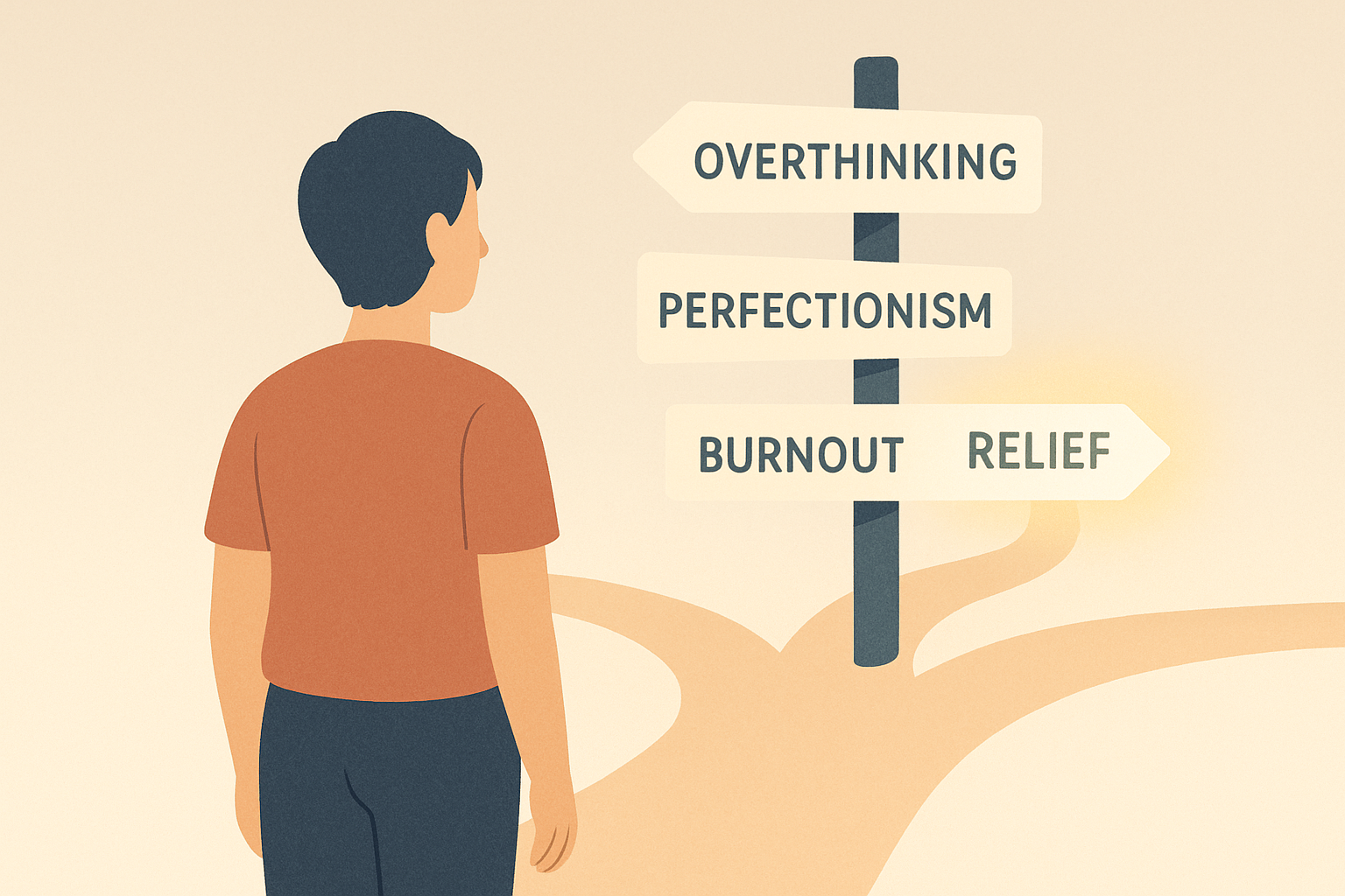 A soft, inviting checklist graphic or a person standing at a crossroads with signs pointing to “Overthinking,” “Perfectionism,” “Burnout,” and “Relief” with the AI therapy path glowing subtly.