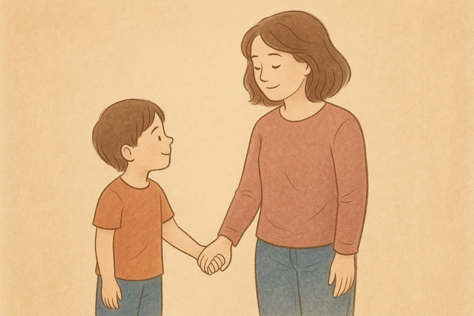 A soft illustration of a child holding hands with their adult self symbolizing connection and healing.