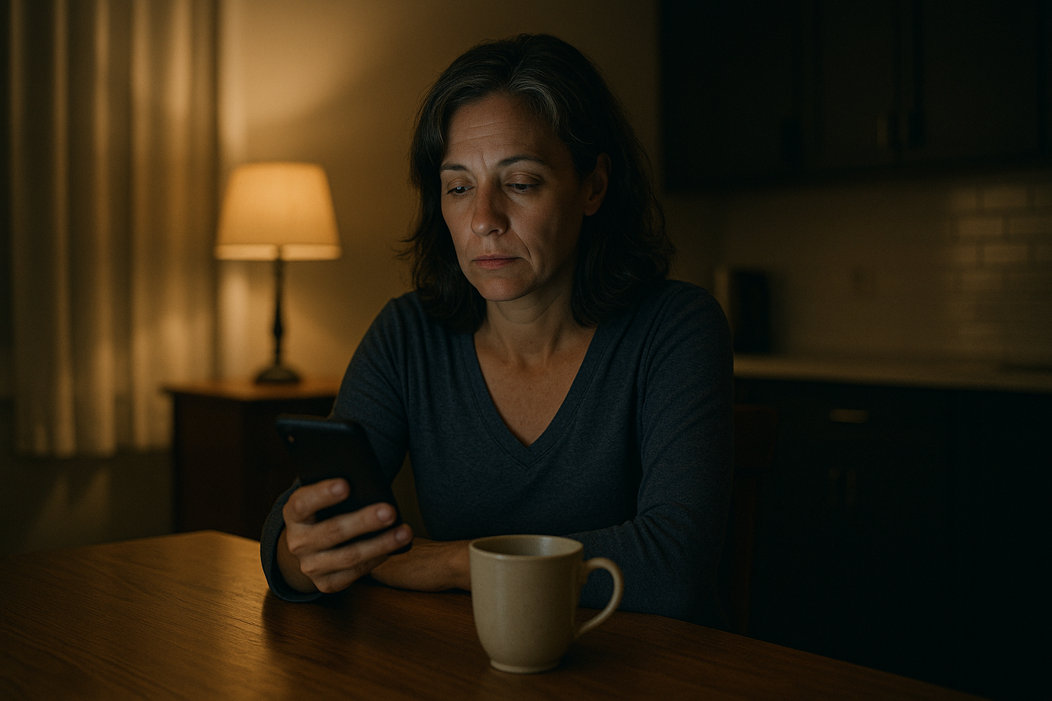 A softly lit photo of a tired but composed woman in her 40s sitting at a kitchen table at night, a cup of tea in front of her, phone in hand, the world around her quiet.
