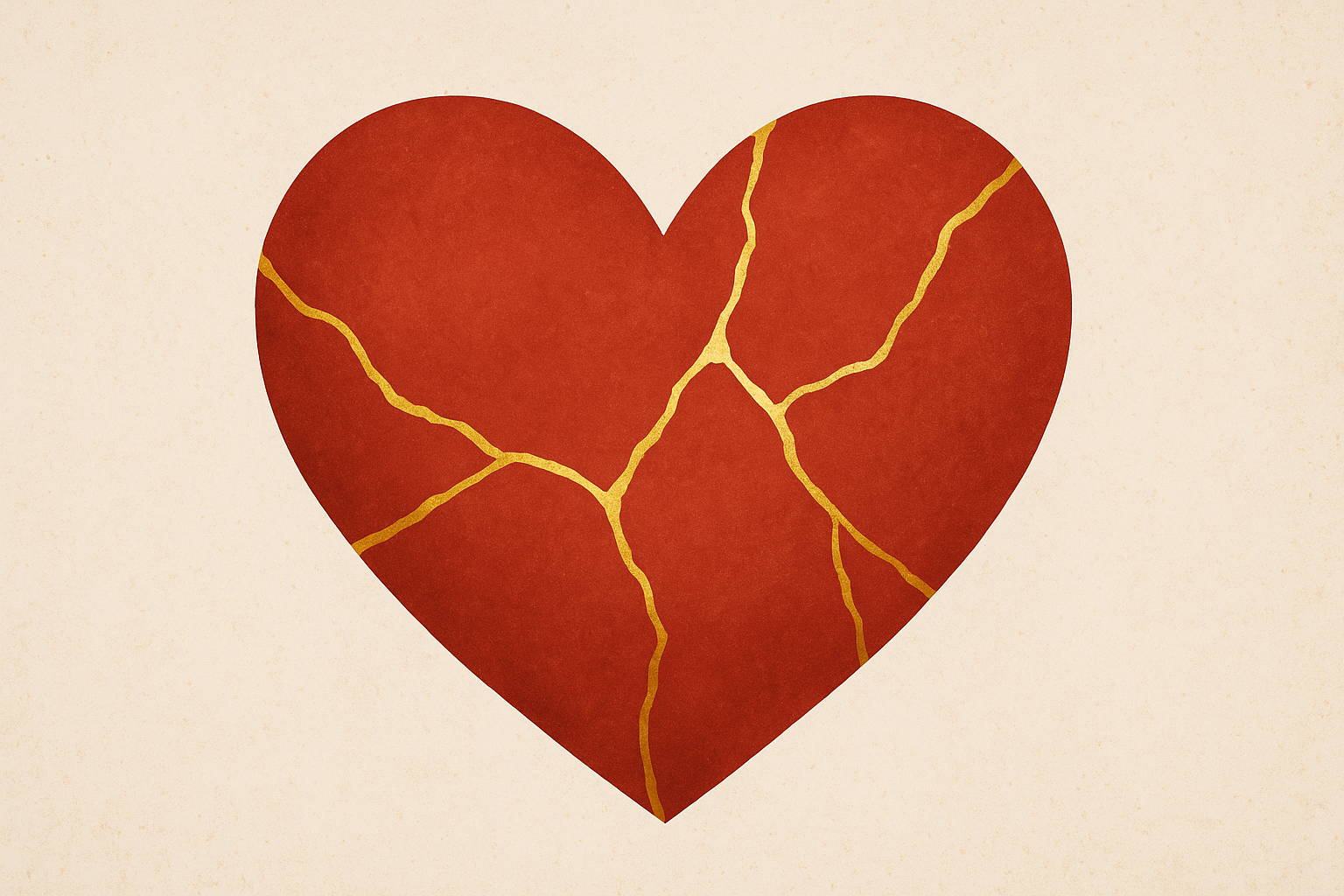 A symbolic illustration of a heart stitched with gold thread, inspired by kintsugi representing healing and emotional repair through small steps.
