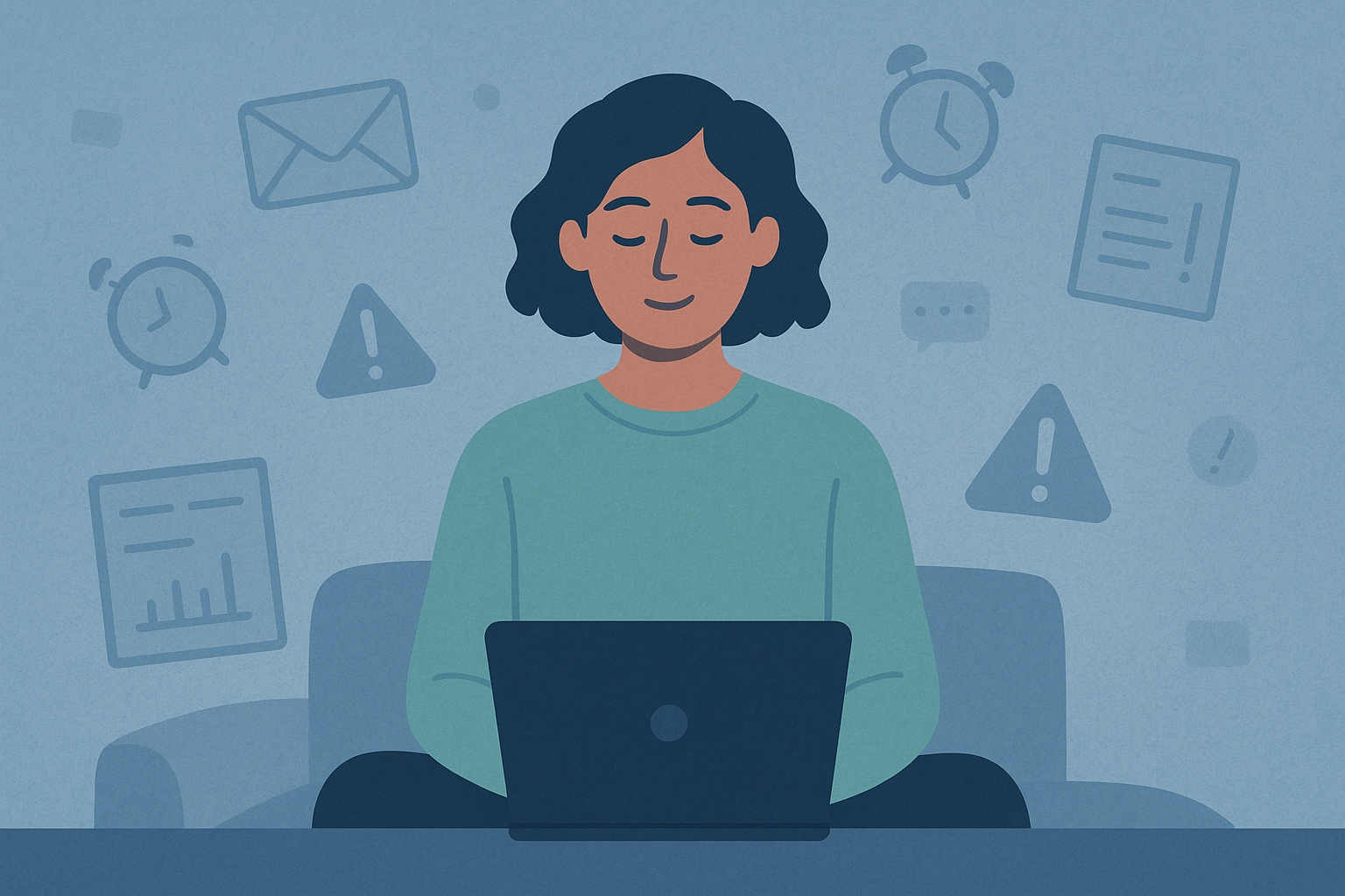 An illustration of a person sitting calmly at their desk or bed while behind them, faint floating symbols of stress (emails, clocks, exclamation marks) fade into the background, symbolizing regained inner peace through AI support.