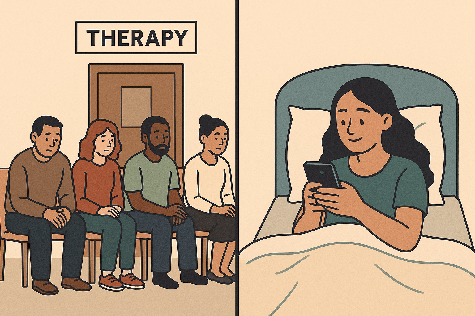 people waiting outside a therapy office in a waiting room vs. someone chatting with an AI therapist on their phone in bed
