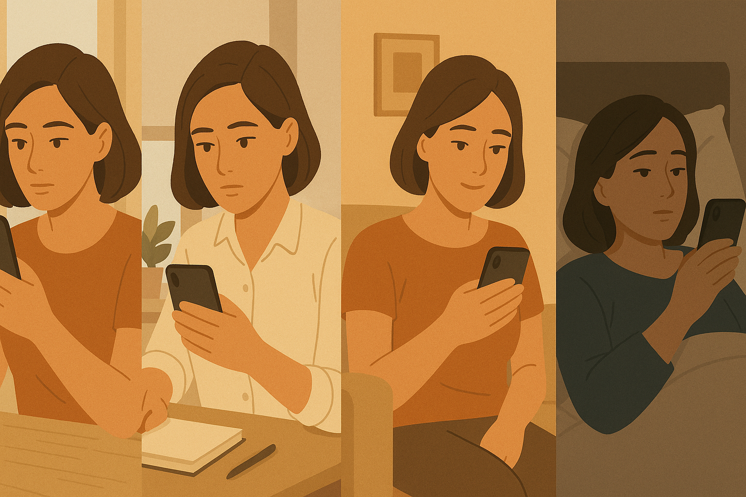 Each scene with a phone screen showing a calm, supportive chat from Aitherapy