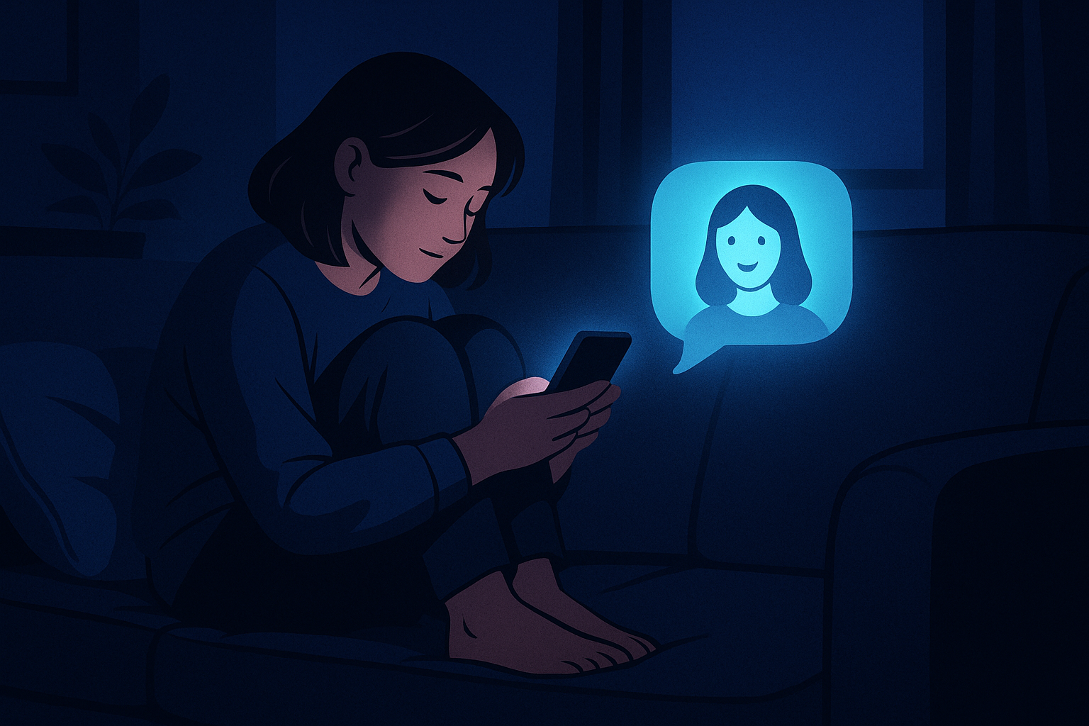 Illustration of someone curled up on a couch at night, gently illuminated by their phone screen, chatting with a comforting presence representing the AI therapist.